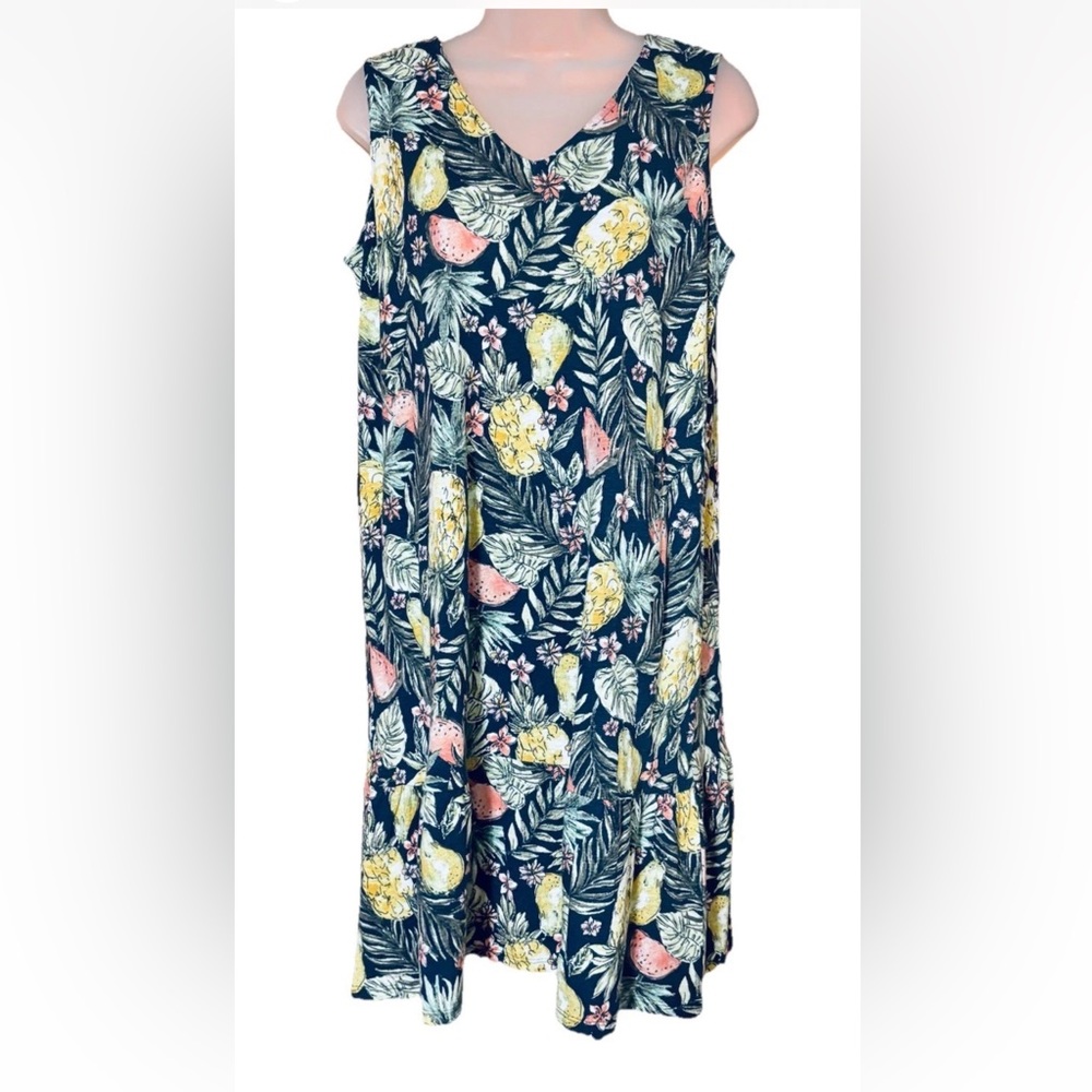 J. Jill Women’s Petite S Flounced Hem Double V-Neck Knit Dress Tropical Print